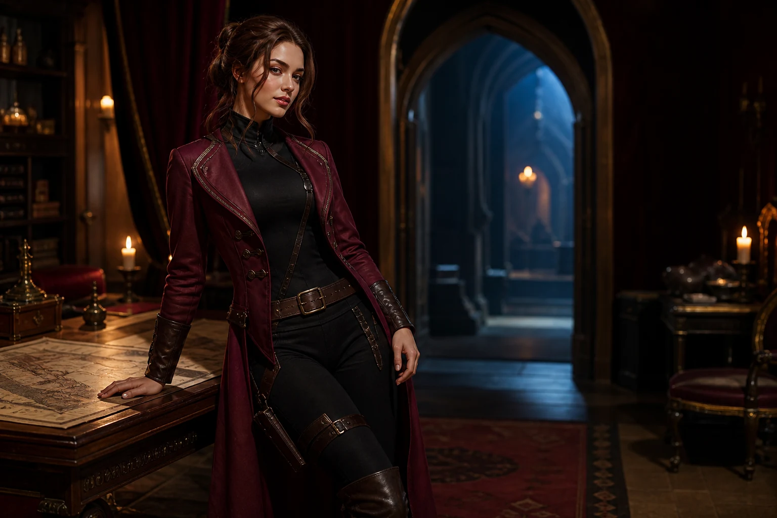 Adult fantasy rogue storyteller in a cinematic cosplay setting
